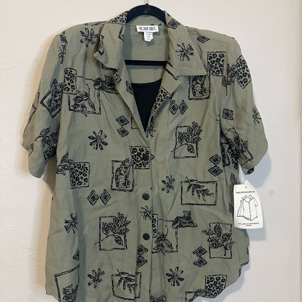 Olive and Black PatternedShirt with Attached Tank